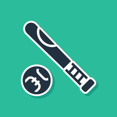 Yeşil zemin üzerinde top ikonu olan mavi beyzbol sopası. Vektör.