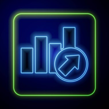 Parlayan neon neon kaynaklı büyüme ikonu mavi arka planda izole edildi. Gelirleri arttırıyorum. Vektör