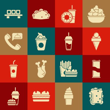 Sandviç, soda, waffle külahında dondurma, saman çöreği ile birlikte kağıt bardak, patlamış mısır karton kutu, yiyecek siparişi, suşi kesme ve bir bardak limonata ikonu. Vektör