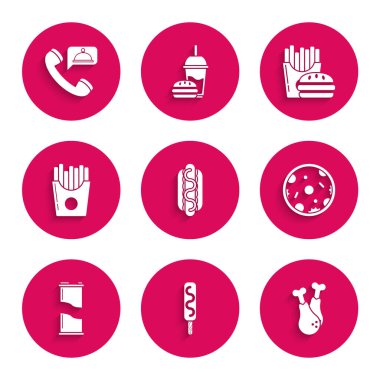 Hardallı Hotdog sandviçi, dondurma, tavuk budu, pizza, soda kutusu karton paket patates kızartması, hamburger ve yiyecek siparişi ikonu. Vektör