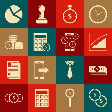 Dolar sembolü, deste kağıt para, harita bilgisi, zaman, hesap makinesi ve akıllı telefon simgesi ile bozuk para ayarlayın. Vektör