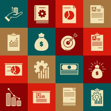 Grafik çizelgesi, para çantası, özgeçmiş, belge, el ve hedef simgesi ile panoyu ayarla. Vektör