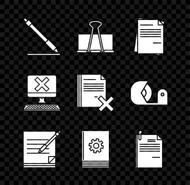 Kalem satırını, klasörü, Dosya belgesi, boş defter ve kalem, Kullanıcı el kitabı, kağıt, klavye x işaretli bilgisayar ve dosya simgesini sil. Vektör