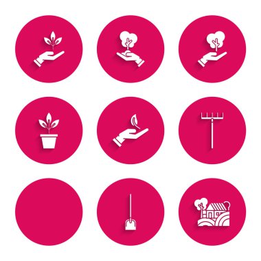 Çevre koruma, Kürek, Çiftlik Evi konsepti, bahçe tırmığı, su dolu teneke, saksı, ağaç ve bitki ikonu. Vektör