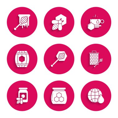 Bal Dipper çubuğu, bal kavanozu, bal peteği haritası, yapışkan ikon, arı, tahta fıçı, fincan çayı ve damlayan ikon ile dünyayı ayarla. Vektör