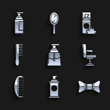 Traş losyonu losyonu, tıraş köpüğü, papyon, berber koltuğu, saç fırçası, krem ya da losyon kozmetik tüp ikonu. Vektör.