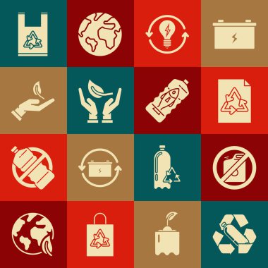 Geri dönüşüm plastik şişesi, geri dönüşümlü kağıt, geri dönüşüm ve ampul sembolü, çevre korumasının filizlenen eli, plastik torba ve okyanus kirliliğini önleme simgesini ayarla. Vektör