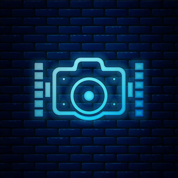 Zářící Neon Fotoaparát Pro Ikonu Potápěče Izolované Pozadí Cihlové Stěny — Stockový vektor