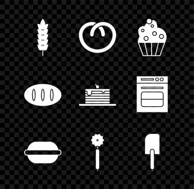 Mısır gevreğiyle mısır, çavdar ekmeği, çavdar kraker, kurabiye, pizza, Spatula ekmeği ve krep ikonu hazırla. Vektör.