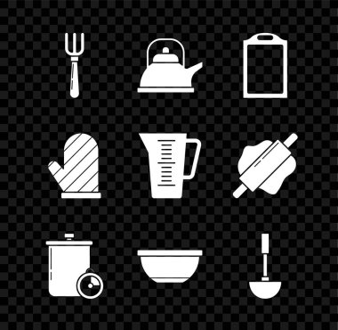 Çatal Kettle 'ı mutfak kase kronometresi fırın eldiveni ve ölçü kabı ikonu ile ayarla. Vektör.