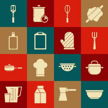 Set kâsesi, tencere, çatal, mutfak çırpısı, kesme tahtası, Spatula ve fırın eldiveni ikonu. Vektör