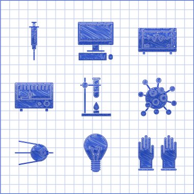 Cam test tüpünü ısıtıcıya, fikir kavramına sahip ampulü, lastik eldivenleri, bakterileri, uydu ölçüm aletlerini, bilgisayar monitörü kardiyogramını ve şırınga ikonunu hazırla. Vektör