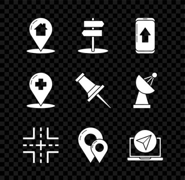 Harita işaretçisini ev, trafik işaretleri, şehir haritası navigasyon bilgileri, pin, tıbbi haç hastanesi ve simgeyi ittir. Vektör