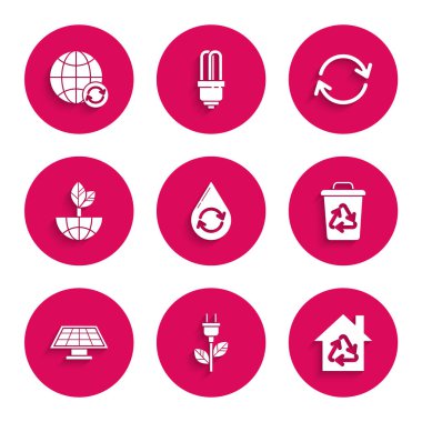 Temiz su geri dönüşümünü, yapraktaki elektrik prizini, geri dönüşüm sembollü Eko Evi, çöp geri dönüşümü, güneş enerjisi paneli, Dünya küresi ve Yeryüzü ikonunu ayarlayın. Vektör