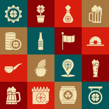 Dört yapraklı yonca, bir bardak bira, leprikon şapka, para çantası, bira şişesi, altın sikke, şişe kapağı ve Ulusal İrlanda bayrak ikonu ile sokak tabelasını kur. Vektör