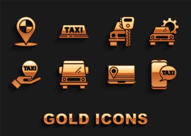 Araba, servis, taksi telefonu, konum işaretli dizüstü bilgisayar, el haritalı işaret taksisi, kiralama, harita ve araba çatı simgesi. Vektör