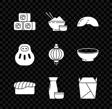 Suşi, çubuklu pilav, Çin fal kurabiyesi, geleneksel Japon çay seremonisi, restoranın açtığı paket kutusu dolu Maneki neko kedi ve kağıt fener ikonu. Vektör