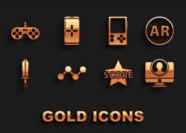 Paylaşımı Ayarla, Ar, artırılmış gerçeklik, Hesap ekranı oluştur, Yıldız, Oyun Kılıcı, Taşınabilir video konsolu, Gamepad ve Smartphone ve simge içinde oyna. Vektör