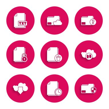 Dosya silme belgesini, saat, dizin koruması, Bulut indirme ve gönderme, Bilinmeyen ve TXT simgesi ile belgeyi ayarla. Vektör