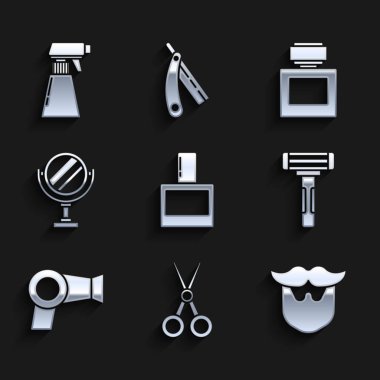 Tıraş losyonu, makas kuaförü, bıyık ve sakal traş bıçağı, saç kurutma makinesi, yuvarlak makyaj aynası ve saç spreyi şişesi ikonu. Vektör