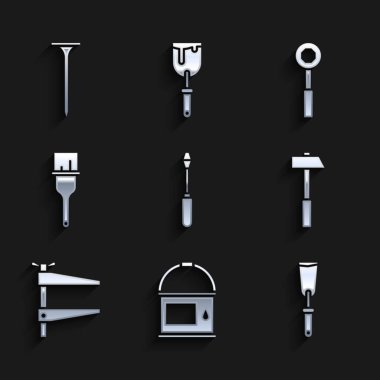 Tornavida, boya kovası, macun bıçağı, çekiç, klemp aleti, fırça, anahtarlık ve metal tırnak ikonu. Vektör