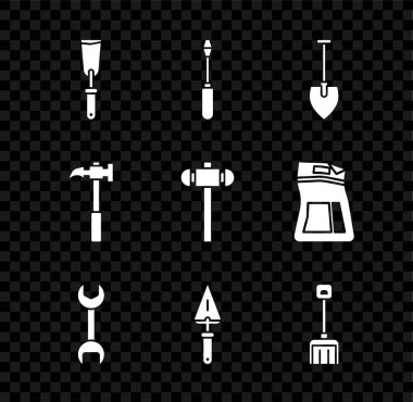 Oyun bıçağı, tornavida, kürek, İngiliz anahtarı, kürek, kar küreği, çekiç ve balyoz simgesi. Vektör