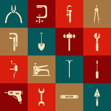 Trowel, Tornavida, ayarlanabilir anahtar, Calliper veya kalibre ve ölçeği, Kürek, Kıskaç, Pense ve Balyoz simgesini ayarla. Vektör