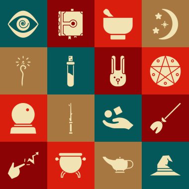 Cadı şapkası, cadı süpürgesi, daire şeklinde pentagram, sihirli havan topu ve tokmak, aşk iksiri, asa, Hipnoz ve tavşan kulağı ikonu. Vektör