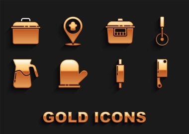 Fırın eldiveni, pizza bıçağı, et bıçağı, raptiye, su dolu sürahi bardağı, Yavaş pişirme fırını, yemek pişirme kabı ve aşçı şapkası ikonu. Vektör