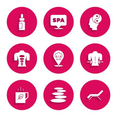 Masaj seti, sıcak taşlar, güneş yatağı ve şemsiye, bir fincan çay yaprağı, terapi, Yin Yang ve temel yağ şişesi ikonu. Vektör