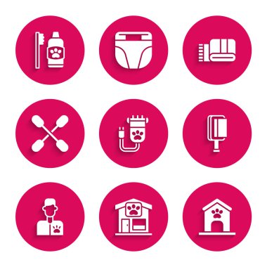 Tüylü evcil hayvan, evcil hayvan bakımı, köpek evi ve pençe izi, köpek için fırça, veteriner doktor, pamuklu bez kulak, havlu yığını ve diş temizliği ikonu. Vektör