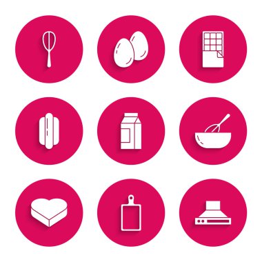 Süt paketi, kesme tahtası, mutfak vantilatörü, çırpma ve kase, kalp şeklinde şeker kutusu, Hotdog sandviçi, çikolata çubuğu ve ikon. Vektör