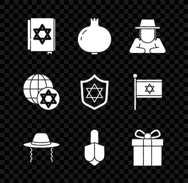 Yahudi torah kitabı, nar, Ortodoks Yahudi şapkası, Hanuka dreidel, hediye kutusu, Dünya Küresi ve İsrail ve Davut 'un Yıldızı ikonu Shield. Vektör