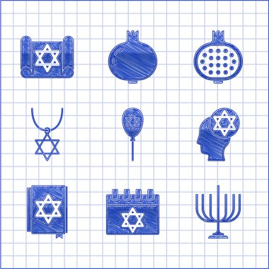 Balon 'u David, Yahudi takvimi, Hanuka menorası, Ortodoks Yahudi şapkası, torah kitabı, Star David kolye zinciri, nar ve Tevrat tomar ikonu ile ayarla. Vektör