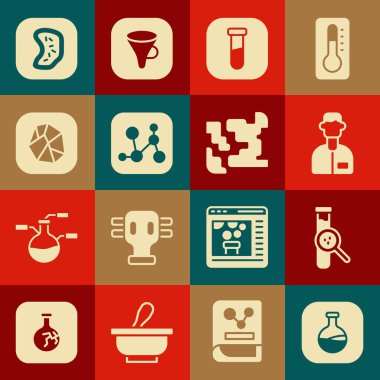 Test tüpü ve matarayı hazırlayın, laboratuvar asistanı, kimyasal formül, tuz taşı, bakteri ve gaz ikonu. Vektör