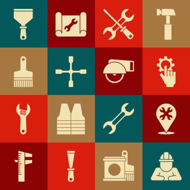 İnşaatçı, anahtarı olan konum, elinde ayarlar, tornavida, tekerlek, boya fırçası, macun bıçağı ve elektrikli dairesel testere ikonu. Vektör