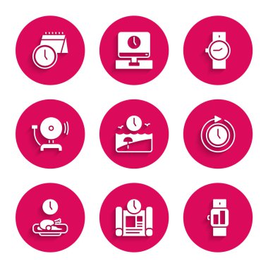 Tatil süresini, proje planını, Smartwatch 'ı, oklu saati, yemeği, alarm zilini, bileği, takvimi ve saat simgesini ayarla. Vektör