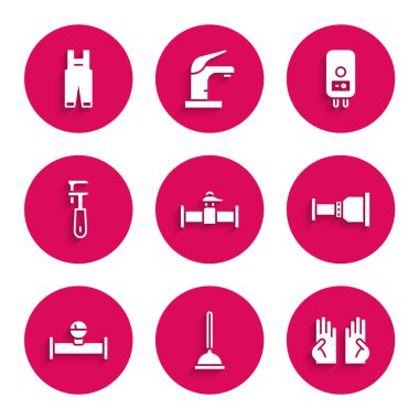 Endüstriyel boru ve vanayı, lastik pompayı, eldivenleri, boru adaptörünü, manometreyi ayarlanabilir anahtarı, elektrikli kazanı ve iş tulumu simgesini ayarla. Vektör