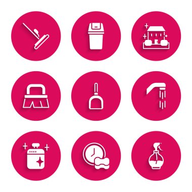 Faraş, bulaşık deterjanı, su spreyi, duş başlığı, temiz yemek tenceresi, temizlik fırçası, ev servisi ve temizlik ikonu. Vektör