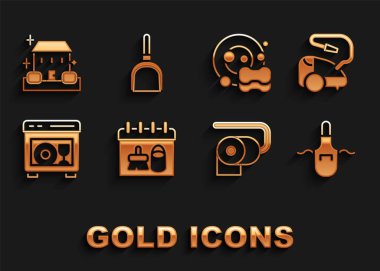 Kuru temizleme takvimi, elektrikli süpürge, mutfak önlüğü, tuvalet kağıdı rulosu, bulaşık makinesi, bulaşık yıkama servisi, ev temizleme servisi ve dustpan ikonu. Vektör