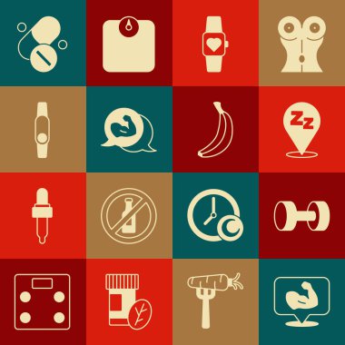 Vücut geliştirme kası, Dumbbell, Sleepy, Smart watch, Smartwatch, Vitamin hapı ve muz ikonu. Vektör