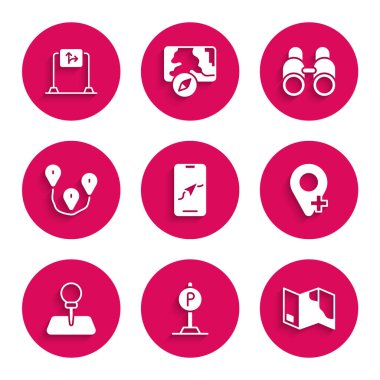 Şehir haritası navigasyonunu, park yerini, katlamayı, konumu, pimi, güzergahı, dürbünü ve trafik işaretleri simgesini ayarla. Vektör