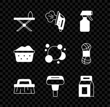 Demir ve ütü masası, elektrik, su püskürtme şişesi, temizlik için fırça, giysi buharı, çamaşır deterjanı sabun köpüklü leğen ve sabun köpüğü ikonu. Vektör
