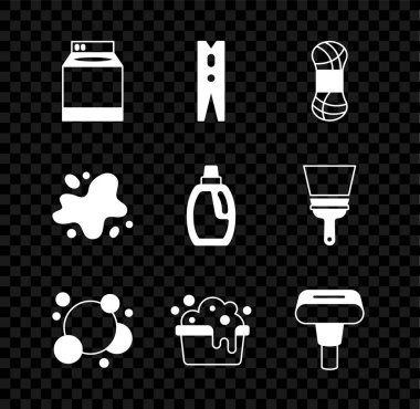 Çamaşır makinesi, iğne ipliği, sabun köpüğü sabun köpüğü, sabun köpüklü leğen, giysi buharı, temizlik malzemesi ikonu için su dökülmesi ve şişe. Vektör