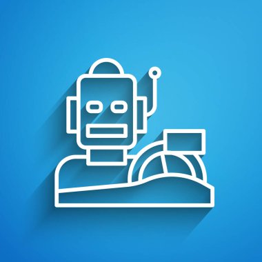 Mavi arka planda izole edilmiş bir araba ikonu kullanan beyaz çizgi robotu. Yapay zeka, makine öğrenme, bulut hesaplama. Uzun gölge. Vektör.
