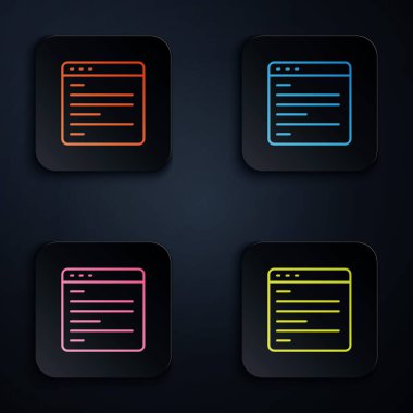 Renkli neon hattı Bilgisayar api arayüzü simgesi siyah arkaplanda izole edildi. Uygulama programlama arayüzü API teknolojisi. Yazılım entegrasyonu Kare düğmelere simgeleri yerleştir. Vektör.