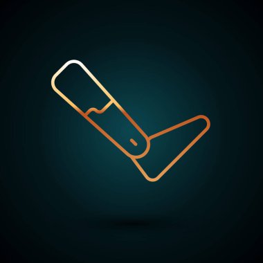 Altın çizgili protez bacak ikonu koyu mavi arka planda izole edilmiş. Biyonik bacağın gelecekteki konsepti, robot mekanik bacağı. Vektör.