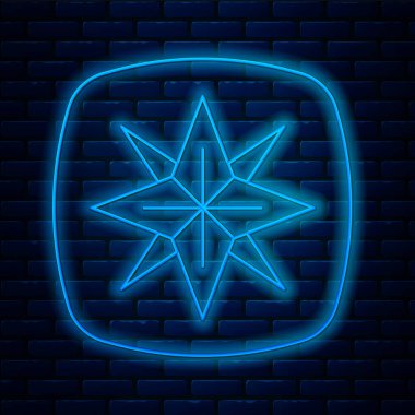 Parlayan neon çizgisi. Rüzgar gül ikonu tuğla duvar arkasında izole edilmiş. Seyahat için pusula simgesi. Navigasyon tasarımı. Vektör