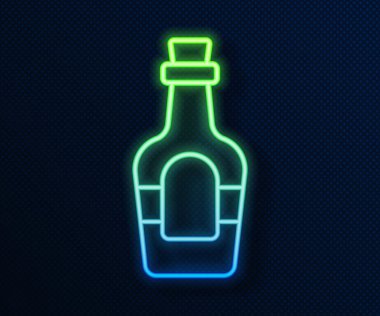 Parlayan neon hattı Alkol içeceği mavi arka planda izole edilmiş rom şişesi ikonu. Vektör