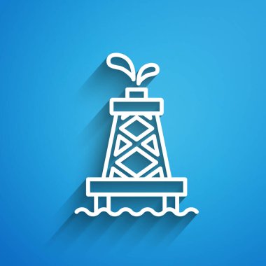Mavi arka planda beyaz çizgi petrol sondaj ikonu izole edildi. Gaz kulesi. Endüstriyel nesne Uzun gölge. Vektör